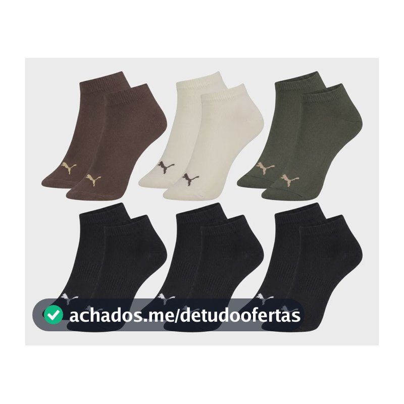 Kit 6 Pares Meia Puma Cano Curto Soquete Masculina Academia 1 Marrom - 1 Off White - 3 Pretos - 1 Verde Militar Meia Algodão Confortável 39-43