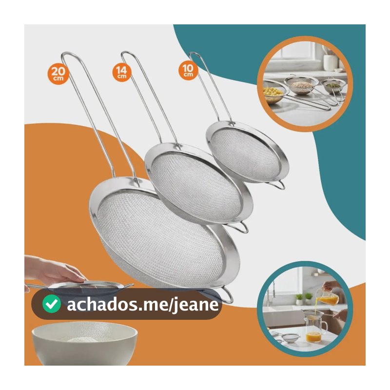 Kit 03 Peneiras Manual Coador 10-14-20cm Em Aço Inox Cozinha Resistente Boa Dica