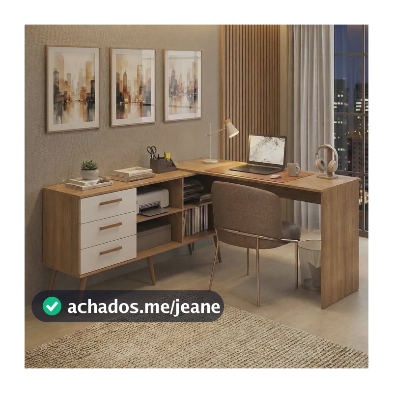 Mesa de Escritório em L com 3 Gavetas Porto Multimóveis MP6044 Madeirado/Branco