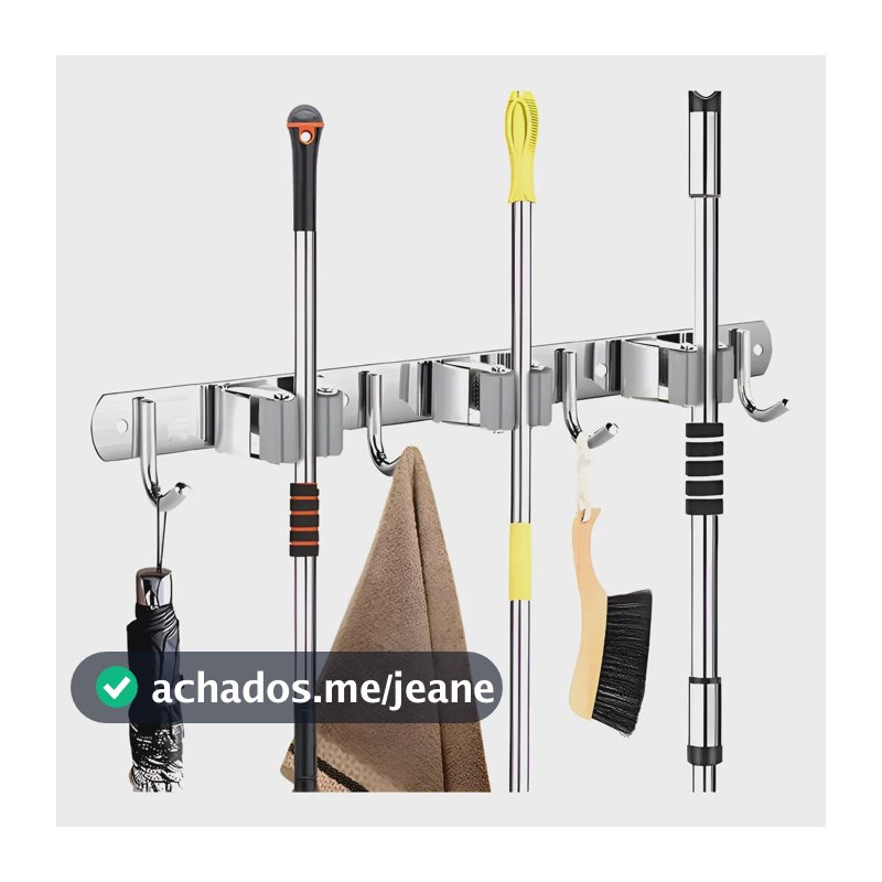 Suporte Vassoura Inox Parede Mop Rodo 7 Organizador Pano