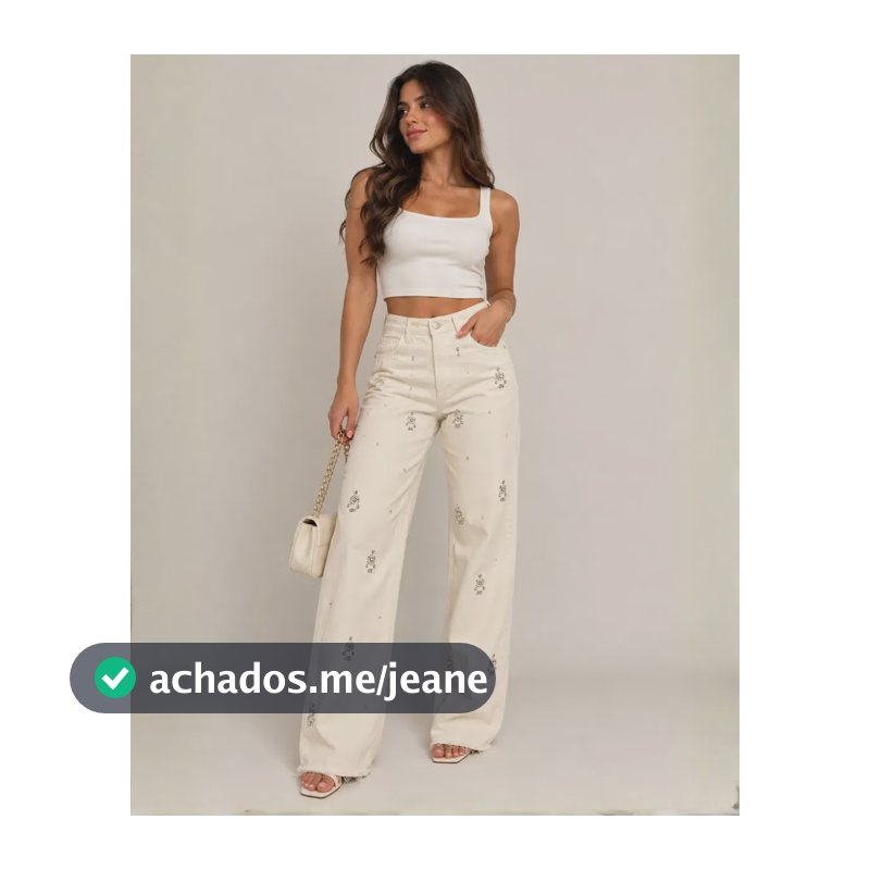 Calça Feminina Sarja Wide Leg Off White Com Pedrarias Branco 38