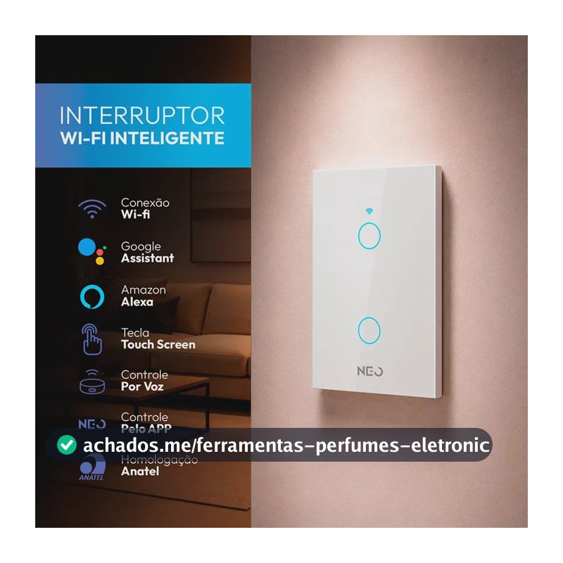 Interruptor Inteligente Smart Wi-fi 2.4 GHz Alexa google 2 Botões 4x2 Bivolt Branco Cod: 291990374 Neo Avant