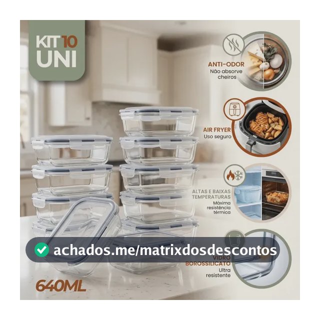 Kit 10 Pote De Vidro Marmita Hermético 640ml Freezer Fitness Rishon