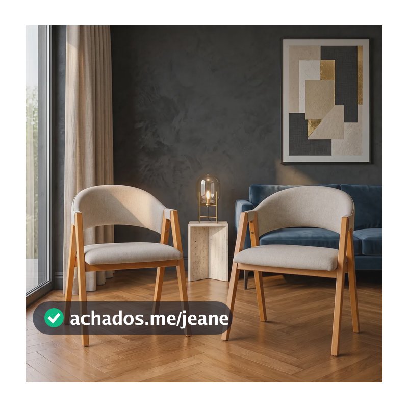 Kit 2 Cadeira Sala Jantar Escandinava Madeira Maciça Eucalipto Assento Estofado De Apoio Encosto Curvo Orgânico Espuma D23 Cozinha Americana Moderna Luxo Suporta 120kg Lessul Dallas Linho Bege