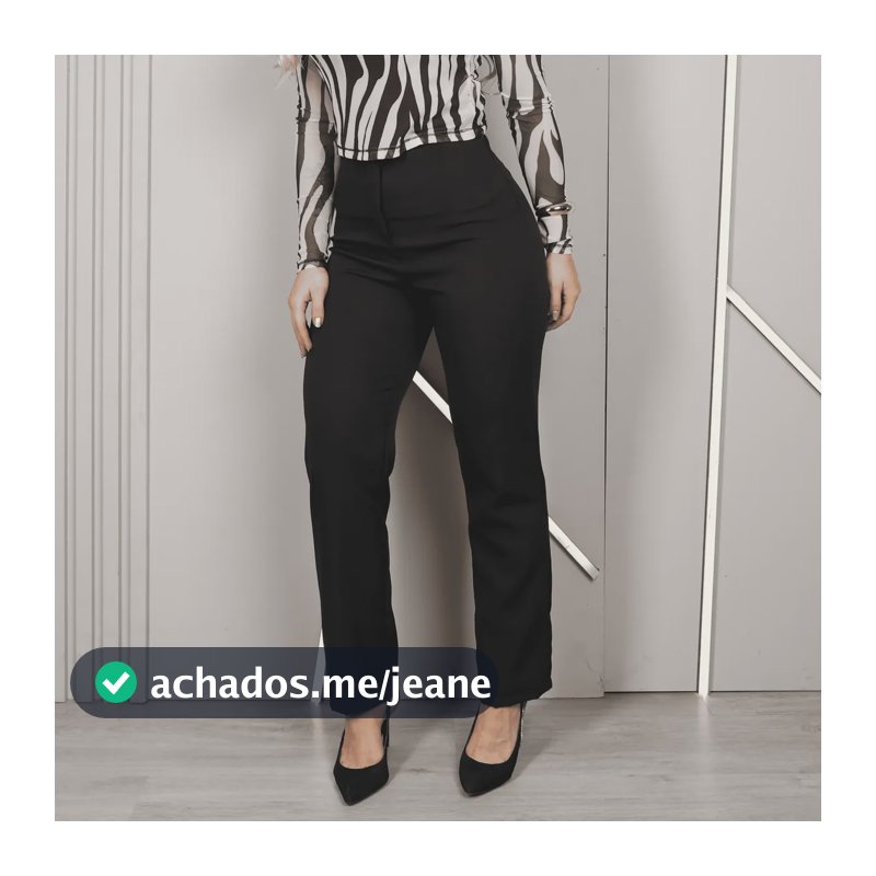 Calça Alfaiataria Feminina Reta Bolso Fake Cós Alto Social Preto M