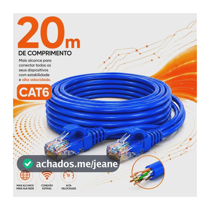Cabo De Rede Cat6 20 Metros 20m Lan Rj45 Internet Crimpado Azul Pro Brindes