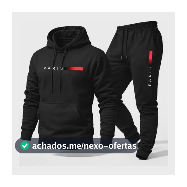 Conjunto Moletom Calça Unissex Paris Canguru Casaco Frio Gg Preto