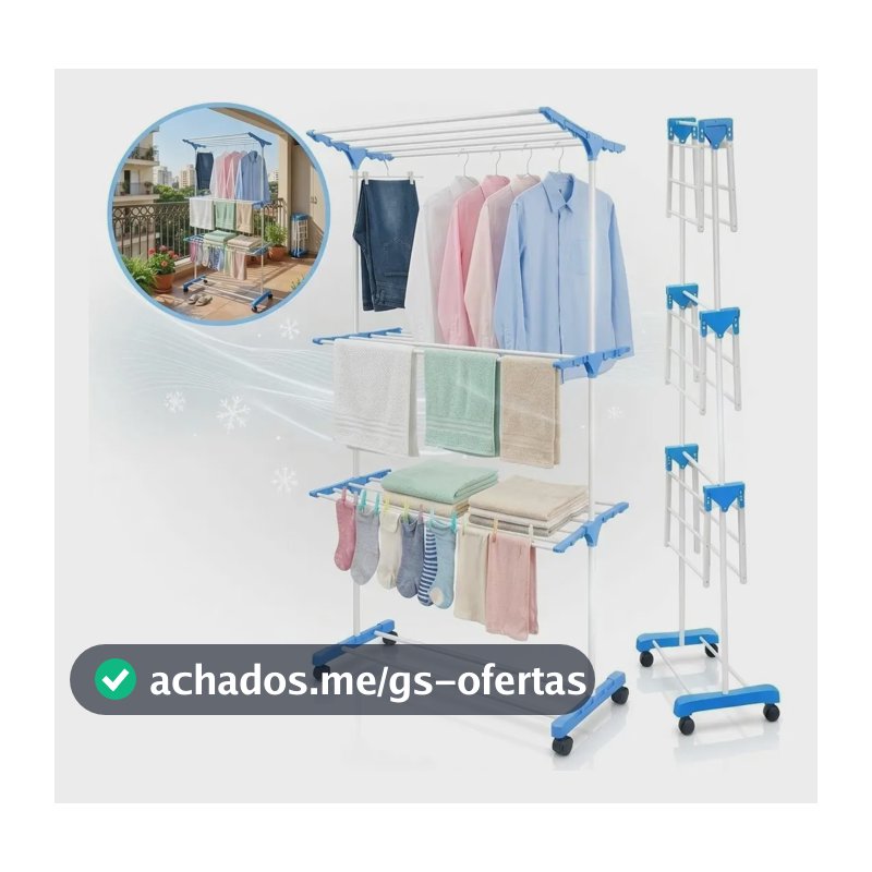 Varal de Chão Dobrável 3 Andares c/ Rodas e 2 Asas Extensíveis, p/ Roupas e Calçados, Aço Reforçado 40kg