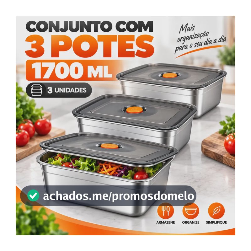 Kit3 Conjunto Hermético Alimentos Inox Com Tampa 1700ml Prateado