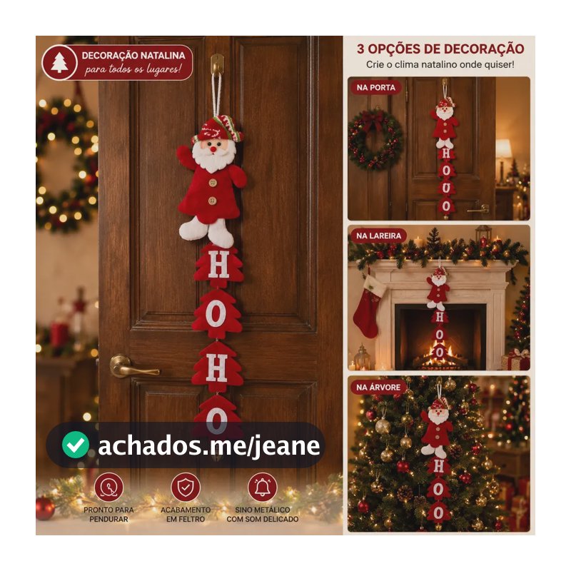Guirlanda Papai Noel Ho Ho Ho Enfeite de Porta em Feltro Decoração Natalina Pendente com Sino Dourado Natal Casa Sala Lareira Presente Fim de Ano