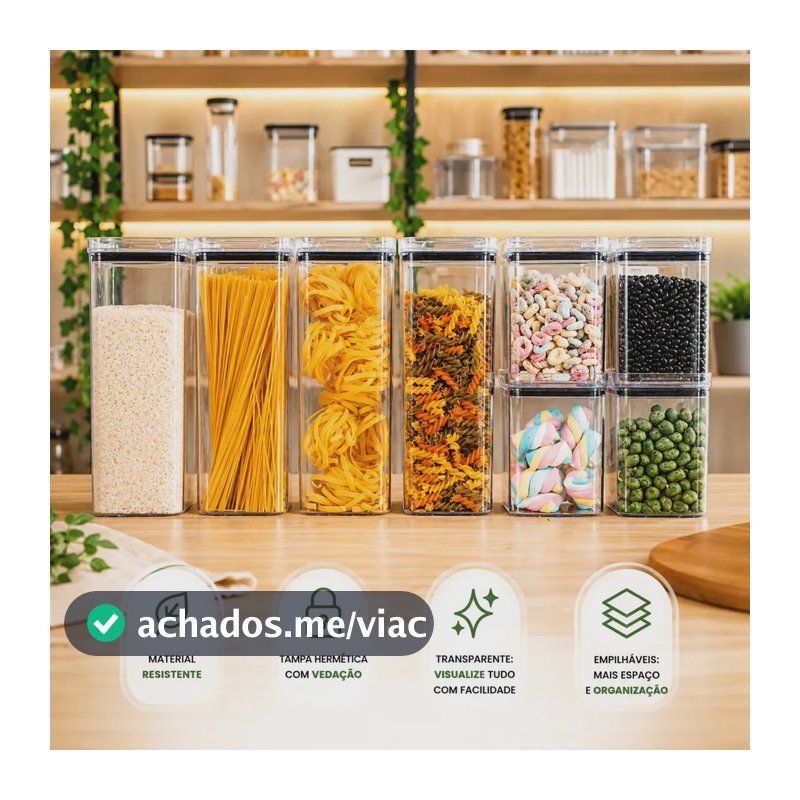 Kit 8 Potes Herméticos Mantimentos Quadrado Cozinha Tampa Vedação Hermética Amobox
