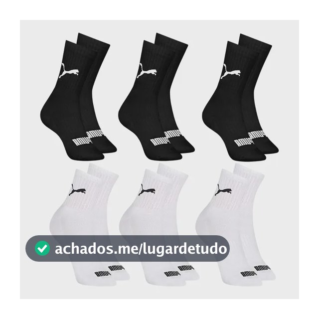 6 Pares Meias Puma Cano Médio Alto Atoalhada Academia Sport