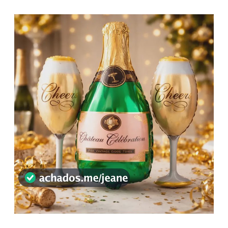 Kit Balão Metalizado Taça Champanhe + Garrafa Ano 3pçs Cor Dourado