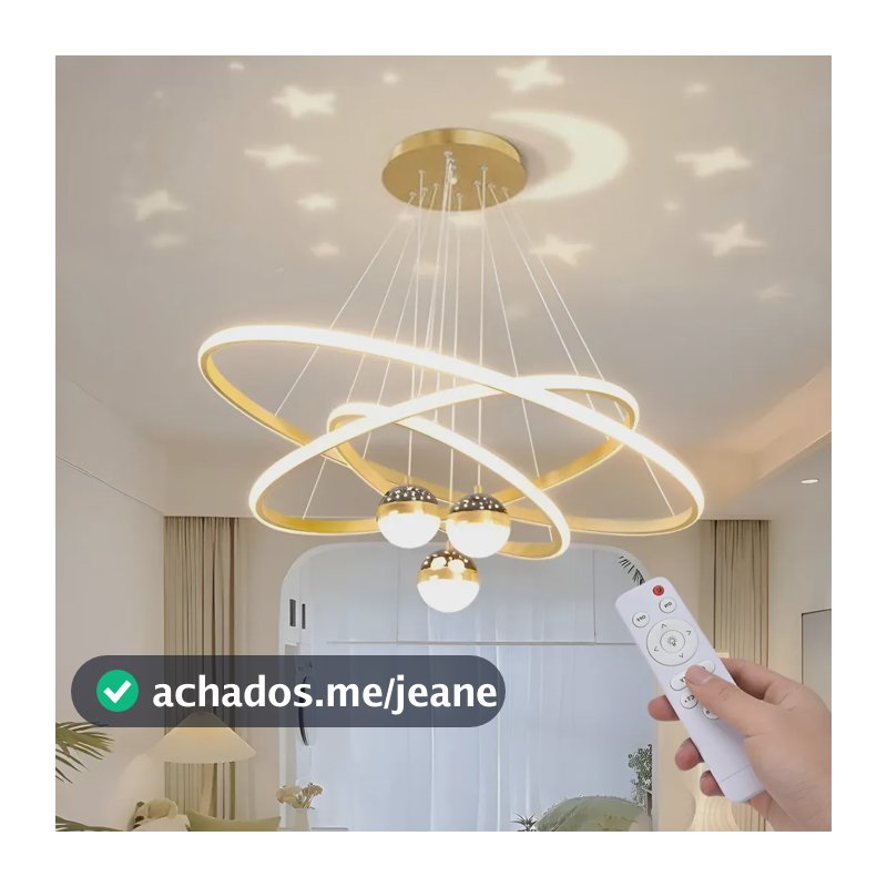 Lustre Quarto Led Moderno Pendente Com Projeção De Galáxia 110v-220v Dourado (com Controle Remoto)