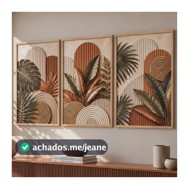 3 Quadros Abstratos Geométricos Boho Terroso Rústico Folhas Bege