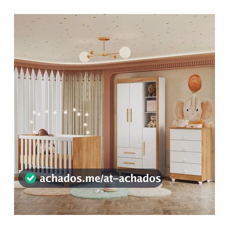 Quarto De Bebê Completo 100% Mdf Com Cômoda Berço E Wt Branco/amadeirado