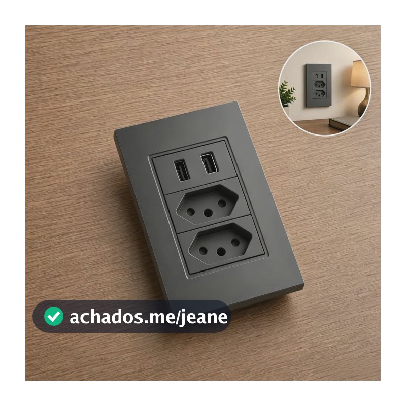 Tomada Dupla Usb Eletro Mex Espelho Parede Universal Duas portas USB 4x2 ABS 10A Embutir Preto fosco