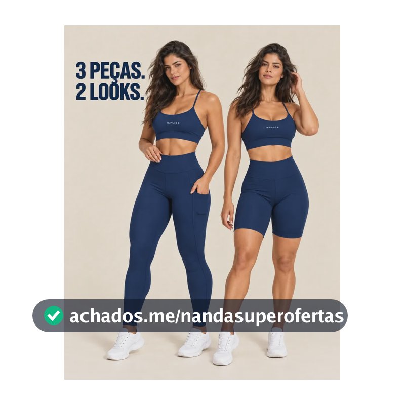 Kit Fitness Feminino: Calça Legging + Top + Shorts Cós Alto Azul-marinho Liso G