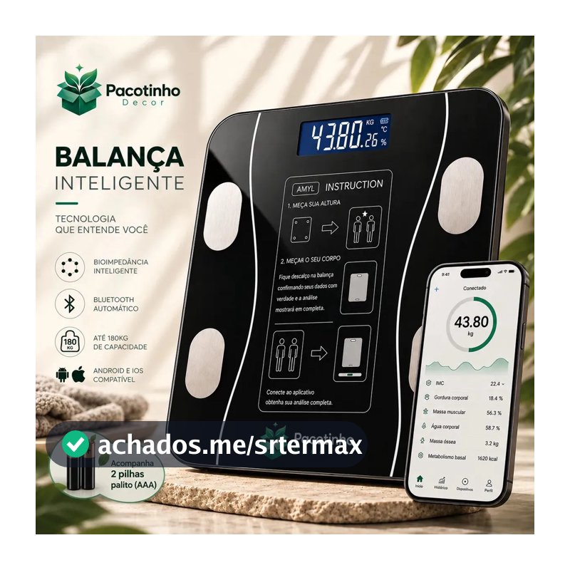 Balança Digital Smart Bioimpedância 180kg Bluetooth IMC Corporal App Android iOS Pacotinho Decor