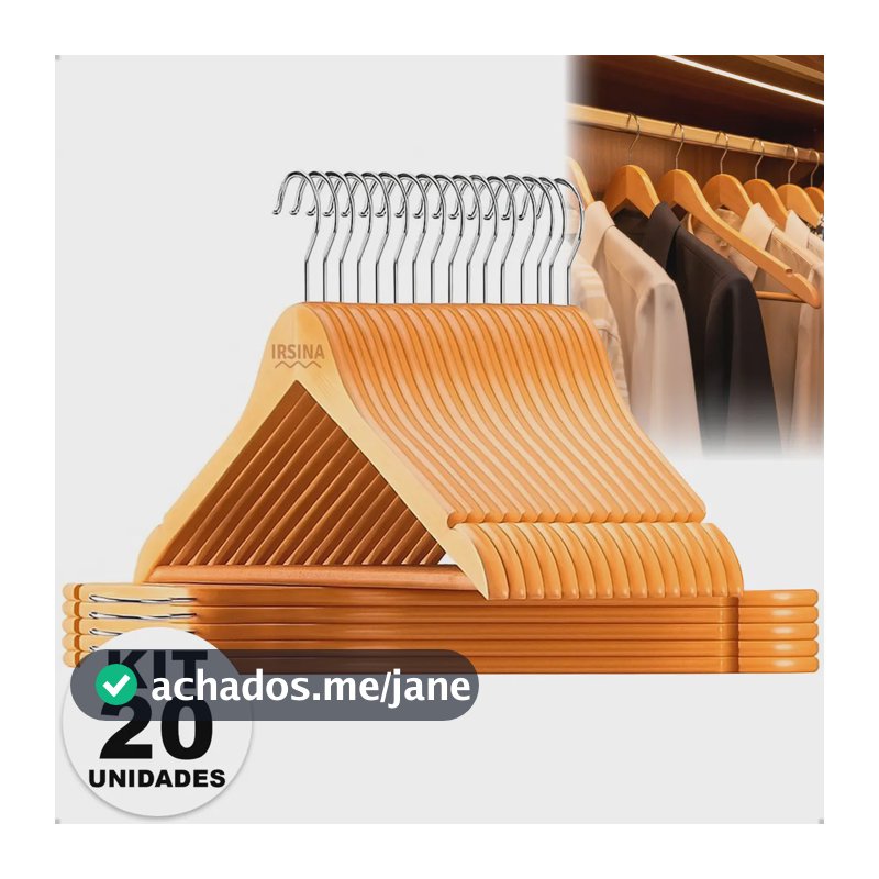 Kit Cabide Madeira Mafim Antiderrapante para Roupa Adulto Reforçado Irsina
