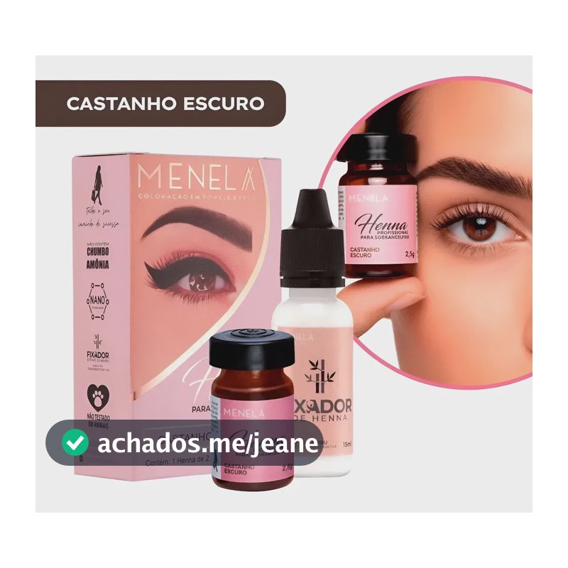 Kit Henna Sobrancelha Menela Castanho Escuro 2,5g Fixador Castanho Escuro