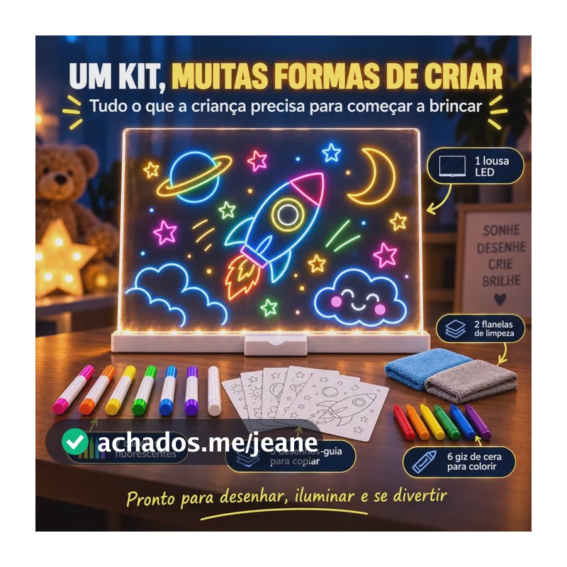 Kit Lousa Mágica Led Infantil + 5 Desenhos E Giz De Cera Branco