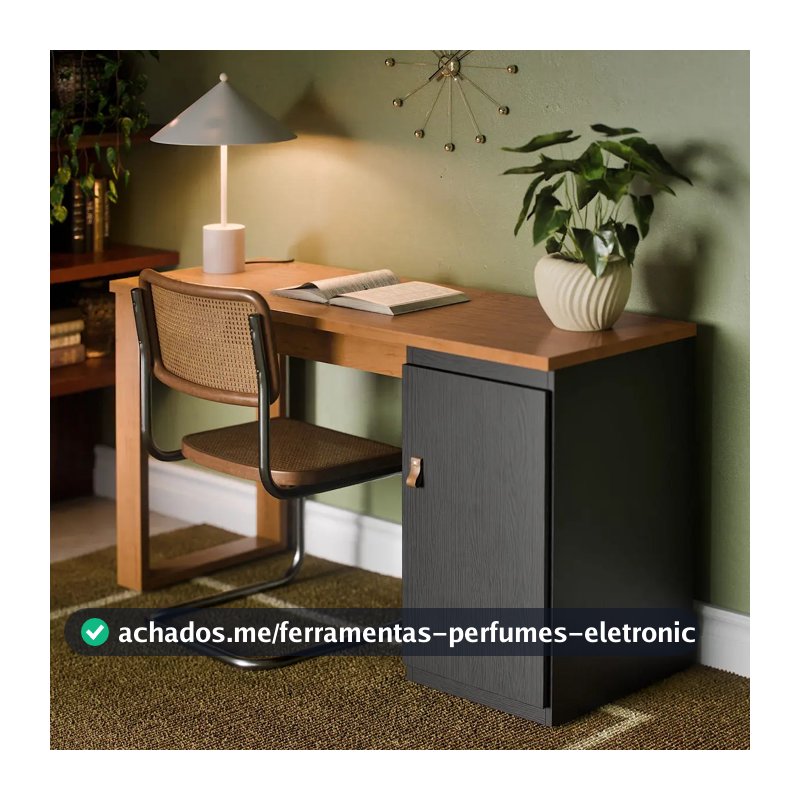 Escrivaninha Mesa Home Office De Escritório Para Notebook Computador PC Com Prateleira E Porta - Star Paris Cor Preto Canela