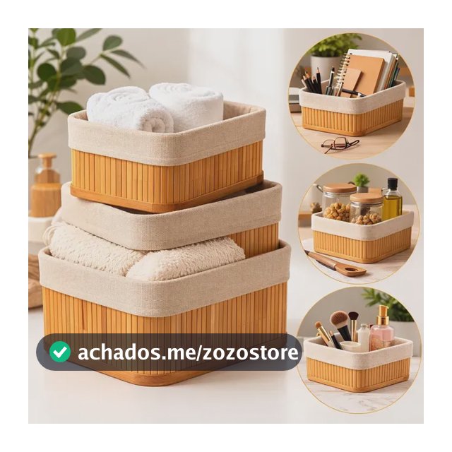 Kit 3 Cestos Organizadores de Bambu Retangulares com Forro Lavável Multiuso Organizar Casa Banheiro Cozinha Guarda-Roupa Lavanderia Armazenamento de Objetos - Nany Pink
