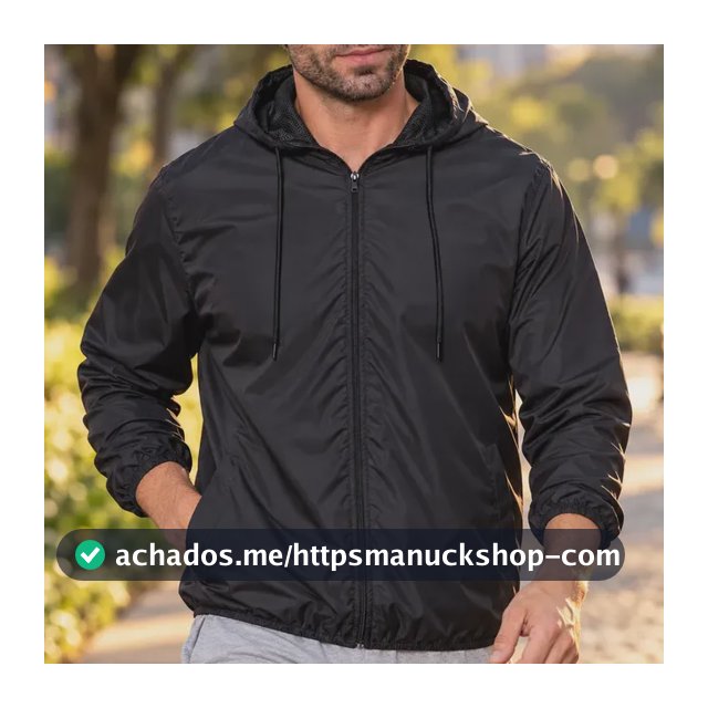 Jaqueta Corta Vento Masculina Impermeável Capuz Zíper Bolso Preto G Liso