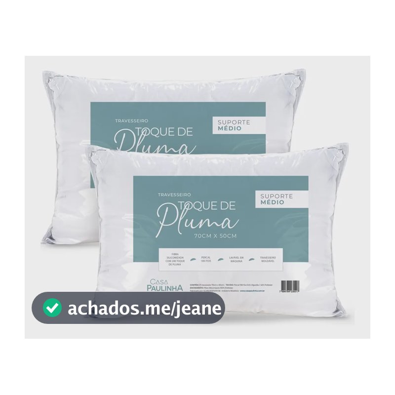 Kit 02 Travesseiros Toque Pluma 70x50 Percal 180 Fios Médio Branco