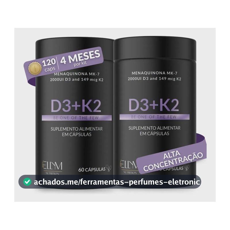 Kit 2 Vitamina D3 K2 Mk7 Capsulas 2000ui 149mcg Menaquinona 7 Colecalciferol Alta Concentração Máxima Absorção Pura D K Ellym Nutrition