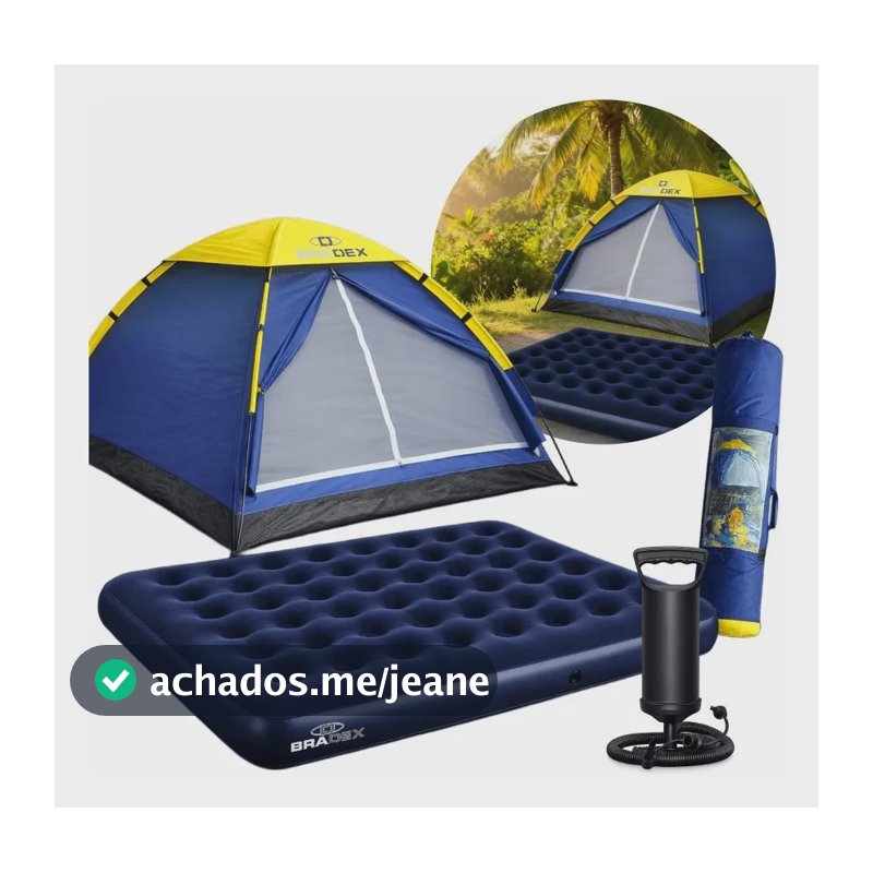 Barraca 4 Pessoas Camping Acampamento Colchão Casal + Bomba Azul