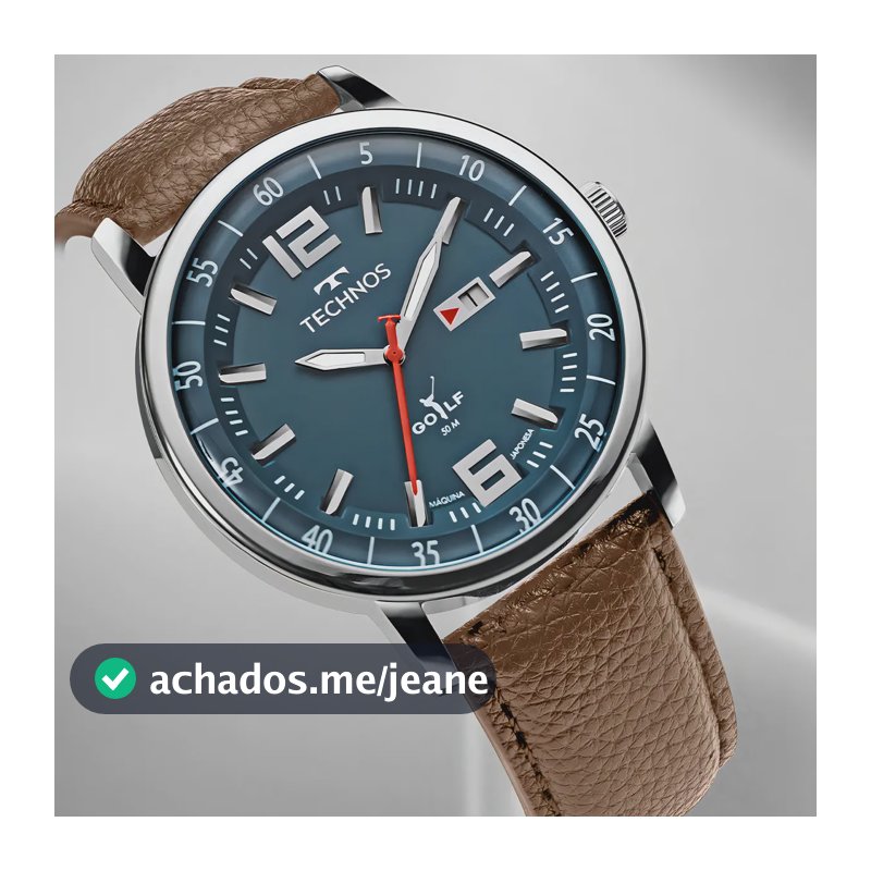 Relógio Technos Masculino Golf Prata Azul Couro Marrom Quartzo 50m