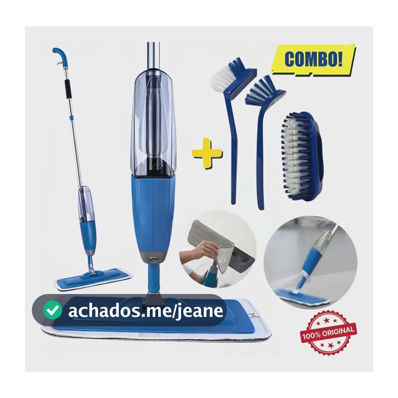 Mop Spray Profissional + Escovas Limpa Chão Parede Cozinha Azul