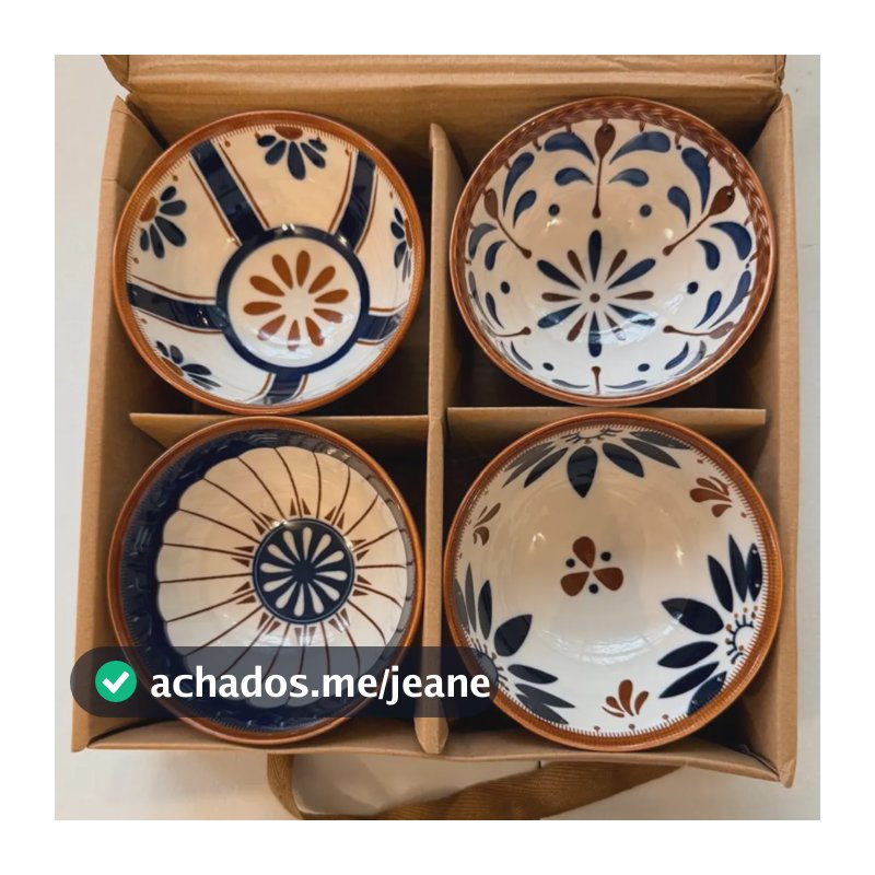 Jogo 4 Petisqueira Bowl Cumbuca Tigela Porcelana Decorada Azul E Marrom