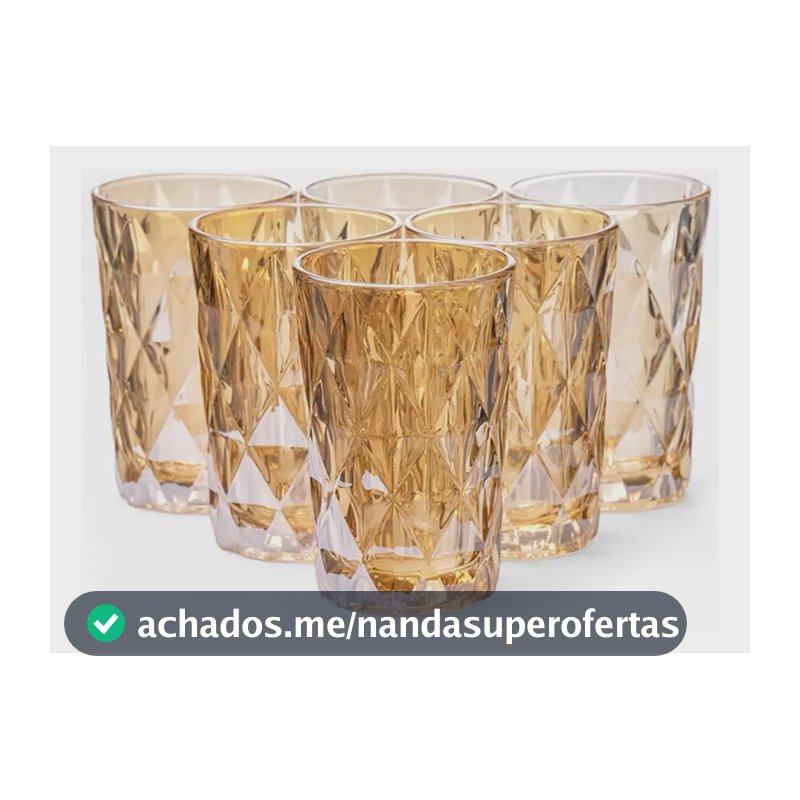 Jogo De Copos Com 6un Vidro Diamond 350ml. Dourado