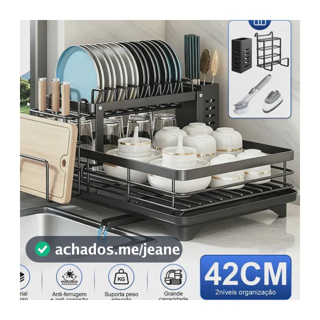 aweshine Escorredor Aço carbono Organizador Louças 2 Andares,Bandeja Coletora Com Drenagem Automática,Saída Dreno Giratória 360°,Multifuncional Porta Pratos Tigelas Talheres Copos, Com Escova Panelas
