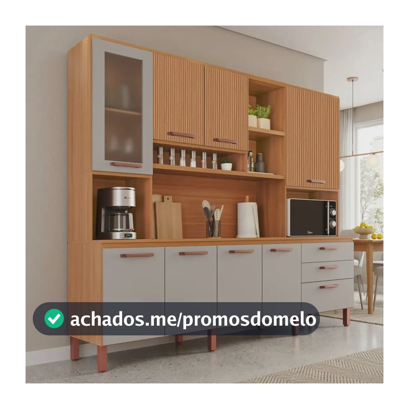 Armário De Cozinha Diana 100% Mdf Tuboarte Cor Freijó Grafite Canelado