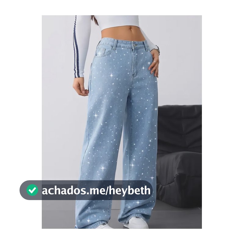 Calça Wide Leg Jeans Feminina Strass Brilho Cintura Alta Azul-claro Liso 42