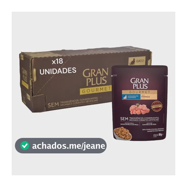 Caixa Ração Úmida Granplus Frango Gatos Castrados 18 Sachês, 85g cada