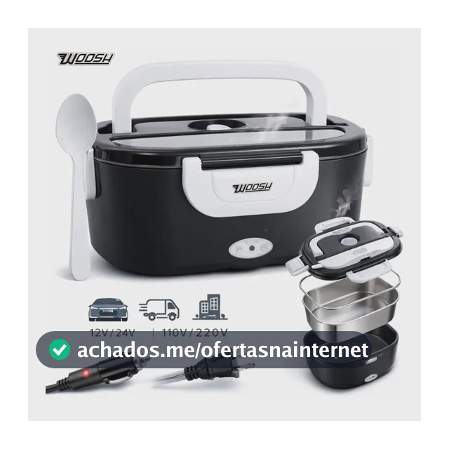 Marmita Elétrica Preta Bivolt Portátil Doméstica 110/220v Veicular 12/24v Lancheira 1.5l Com Divisórias Esquenta Rápido Refeições Práticas Trabalho Casa Carro Caminhão Viagem Faculdade Woosh