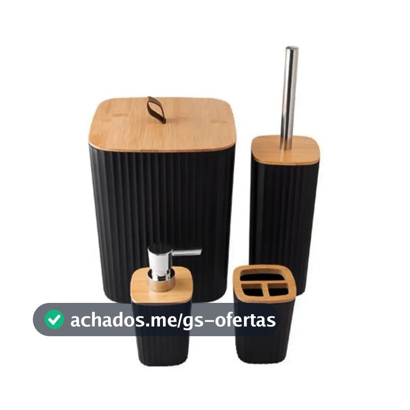 Kit Banheiro Conjunto Acessórios Banheiro Lavabo Bambu 4 Peças Lixeira Escova Sanitária Dispenser Saboneteira Porta Escova Quadrado Preto Shokki