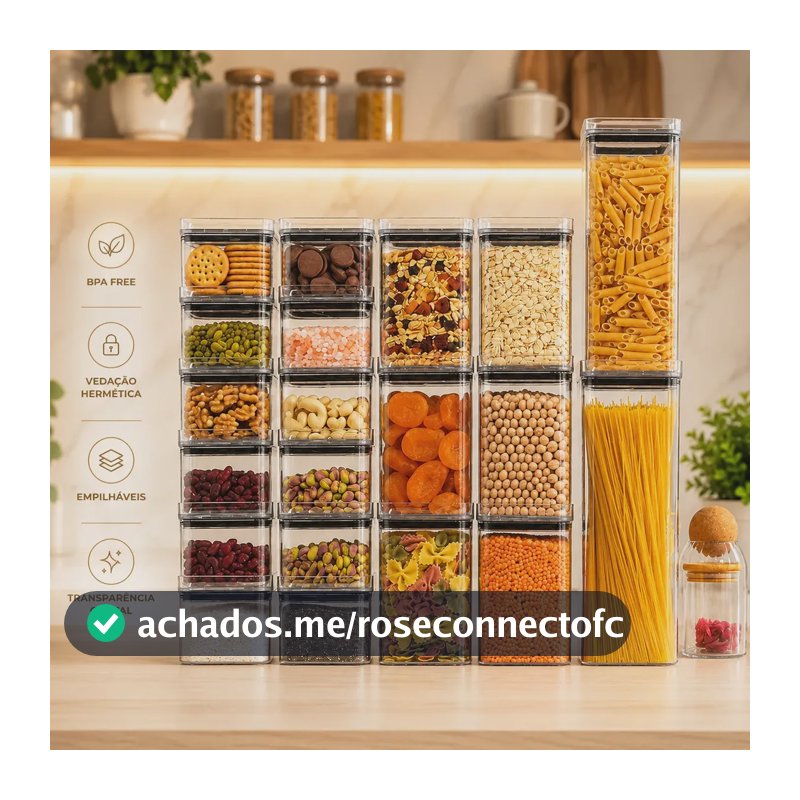 Kit 20 Potes Porta Mantimento Herméticos 2,3litros 1,1litro 500ml Acrílico Empilhável Transparência Cristal Livre de BPA
