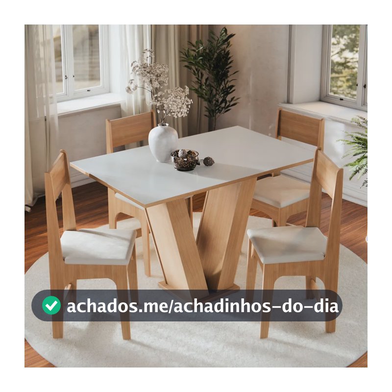 Conjunto Sala de Jantar 4 Lugares com Cadeiras Estofadas Mesa Com Tampo Retangular Semelhante Vidro Base V Mel Branco Off White