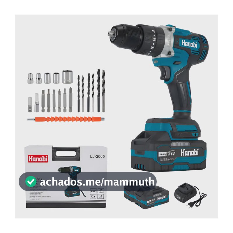 Parafusadeira Furadeira Impacto Hanabi JL-2005 80nm 13mm Brushless Sem Fio 2 Baterias 4.0Ah Cor Azul-petróleo Frequência 50hz / 60hz