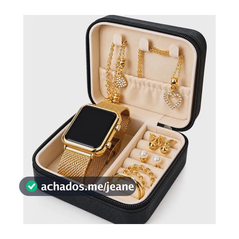 Kit Relógio Feminino Digital + Colar, Brincos, Porta Joias Dourado