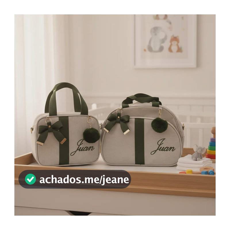 Bolsas  Maternidade Média E Pequena Personalizada Com Nome Bege Com Verde Musico