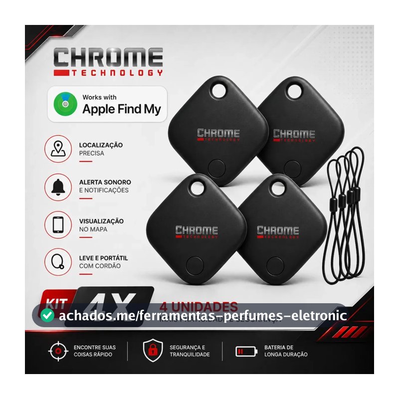 Chaveiro Localizador Smart Tag Kit 4 Rastreador Ios Apple Gps Com Cordão Chaveiro Cor Preto Compatível Com iPhone Chrome Technology