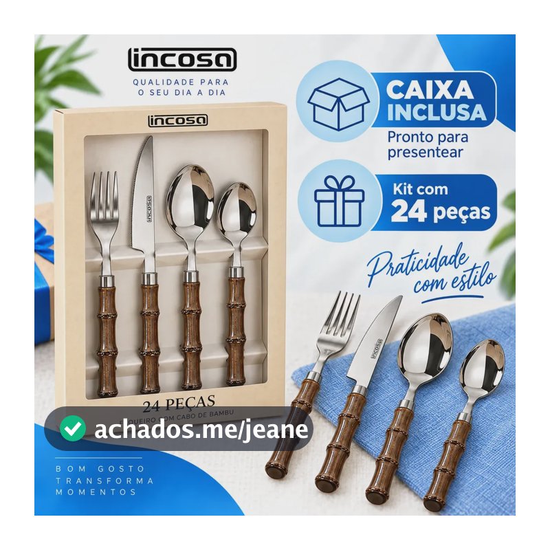 Faqueiro 24 Peças Inox Bambu Mesa Elegante Talheres