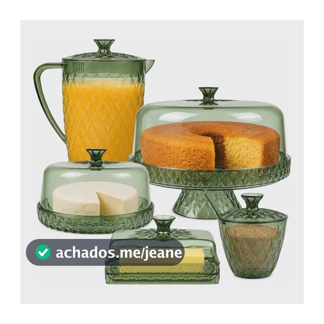 Kit Mesa Posta 5 Acrílico Verde Esmeralda – Boleira, Jarra 2 L, Queijeira, Açucareiro e Manteigueira